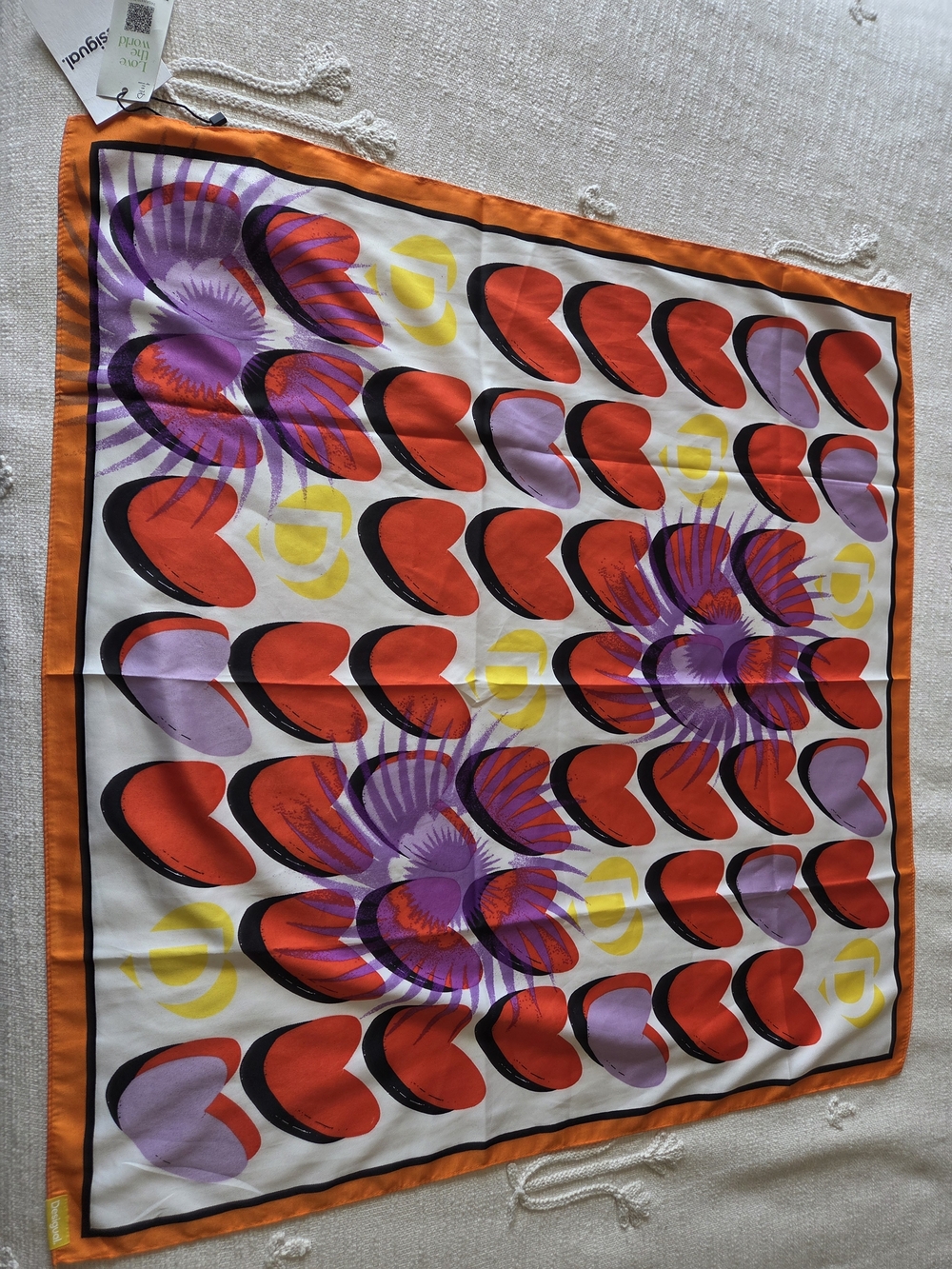Nwt Desigual Orange-Trim Scarf with Purple & Red Floral Motif